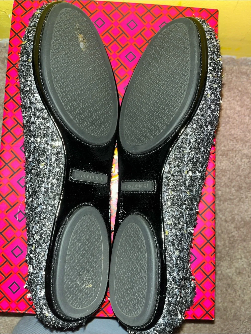 Tory Burch Silver Tweed Logo Ballet Flats